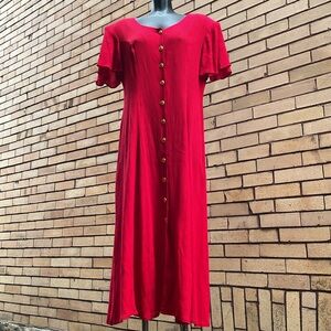 Vintage 90’s Betsy Lauren red gold button down crinkle sleeve dress Size 6